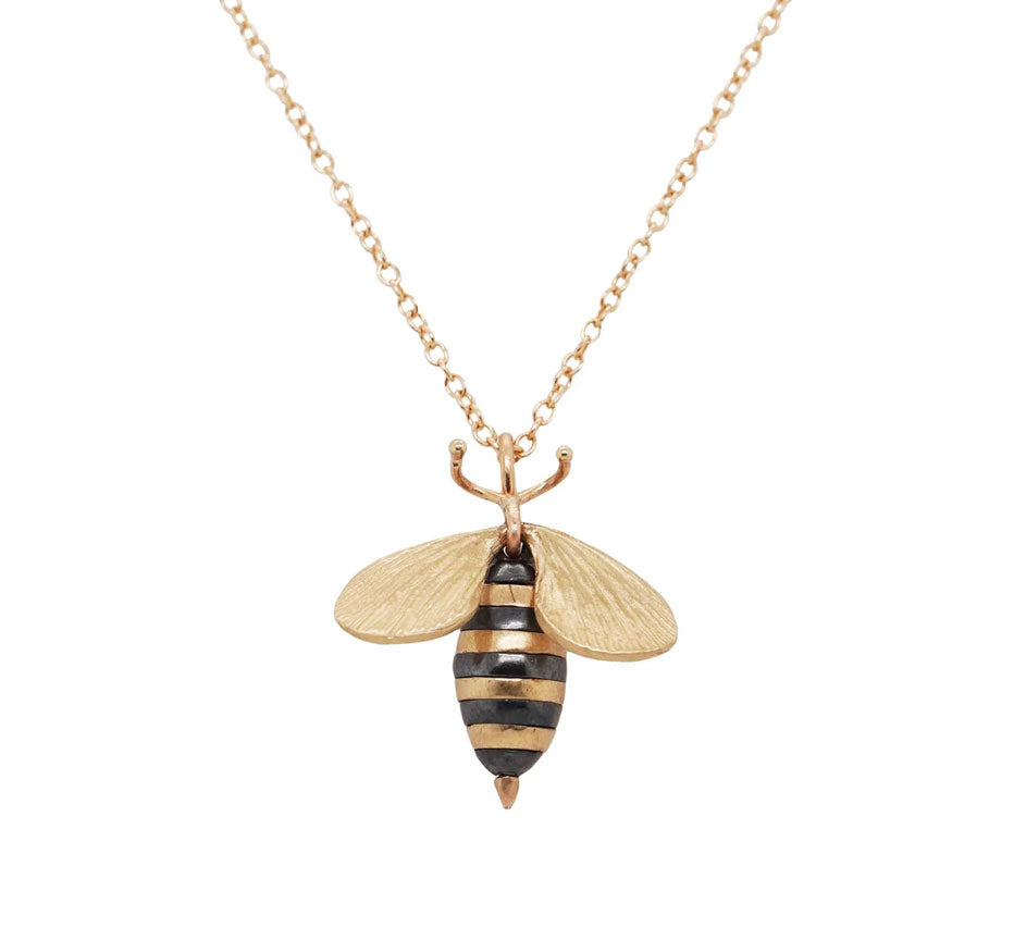 Oxidized Sterling Silver and 14K Gold Bee Pendent with Diamond 18" L