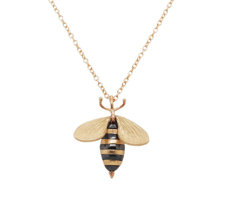 Oxidized Sterling Silver and 14K Gold Bee Pendent with Diamond 18" L