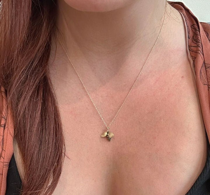 Oxidized Sterling Silver and 14K Gold Bee Pendent with Diamond 18" L