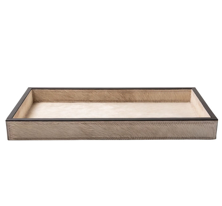 Cream Cow Hide Rectangle Tray with Black Leather Trim - Small