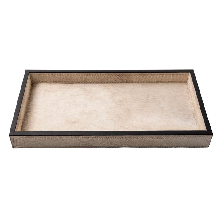 Cream Cow Hide Rectangle Tray with Black Leather Trim - Small