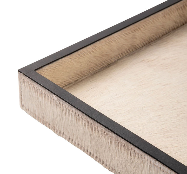 Cream Cow Hide Rectangle Tray with Black Leather Trim - Small