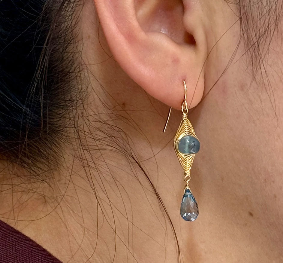 Aquamarine Eye Double Drop Earrings