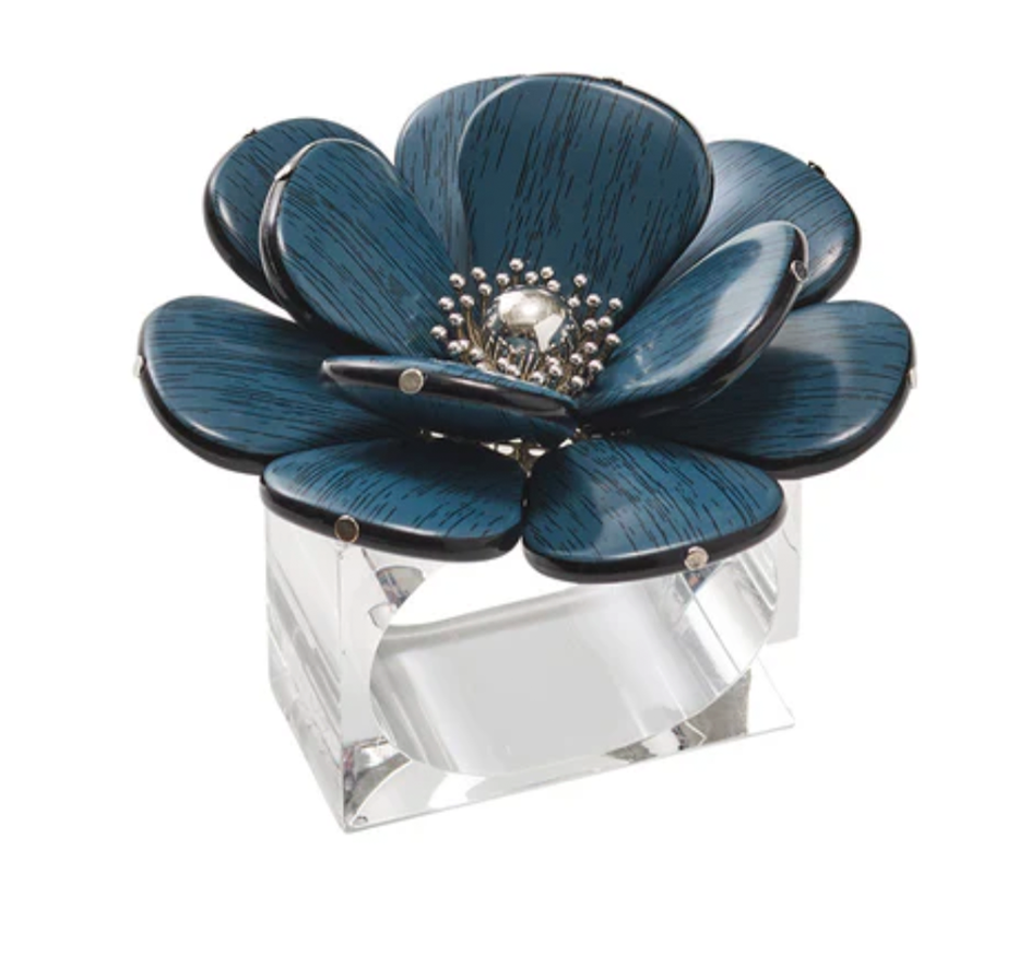 Begonia Teal Silver Napkin RIng