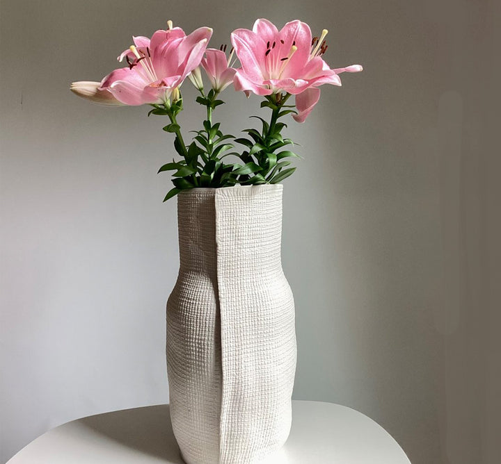 Medium Burlap Bottle Vase in White