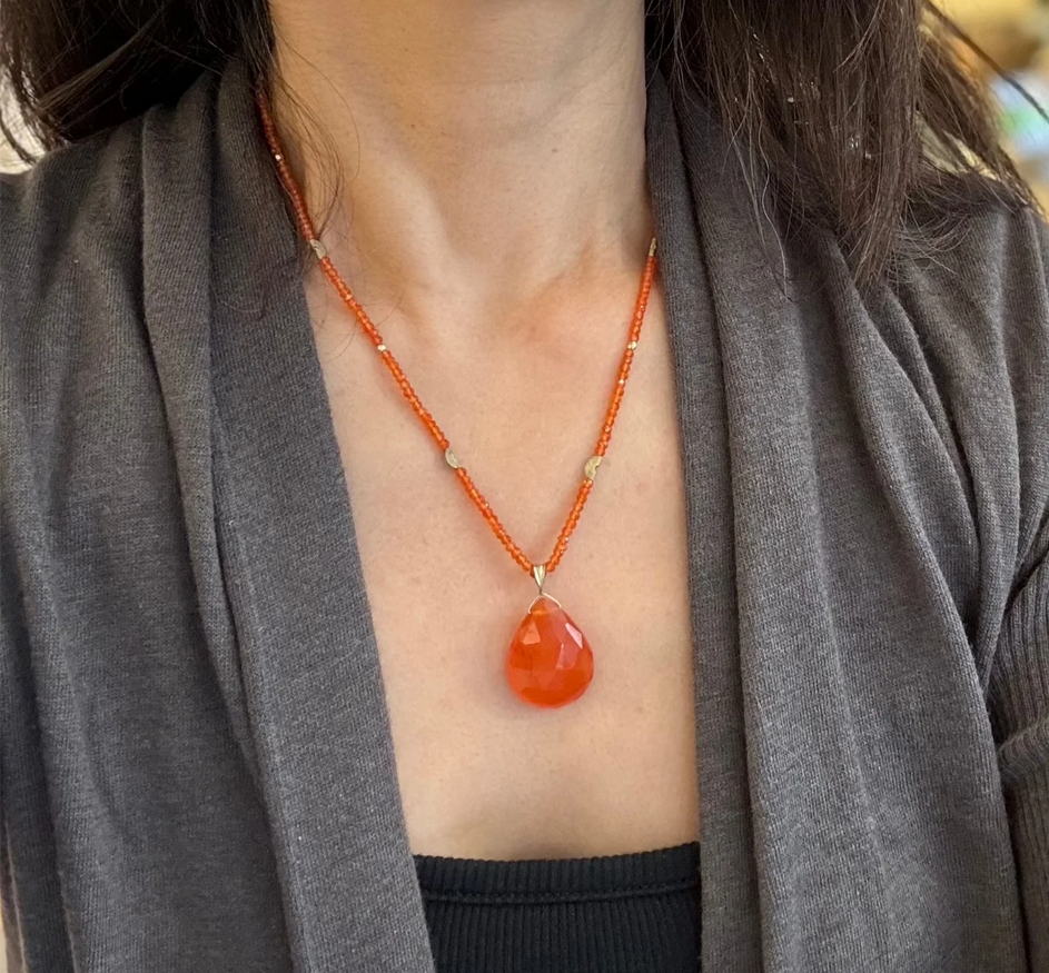 Carnelian Beaded Necklace with Faceted Cornelian Drop