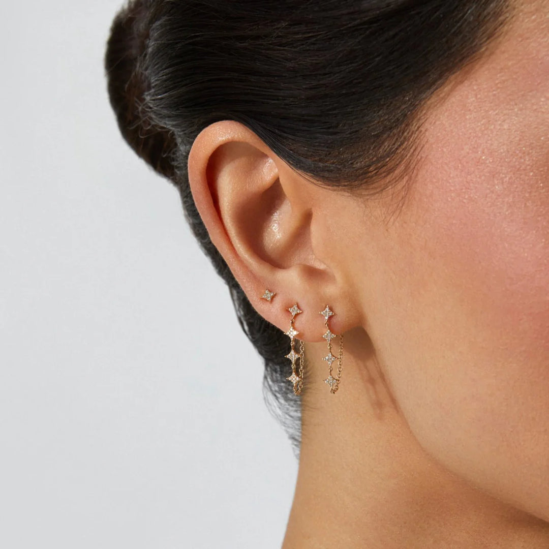 Multi Diamond Sparkle Chain Stud Earrings 14K