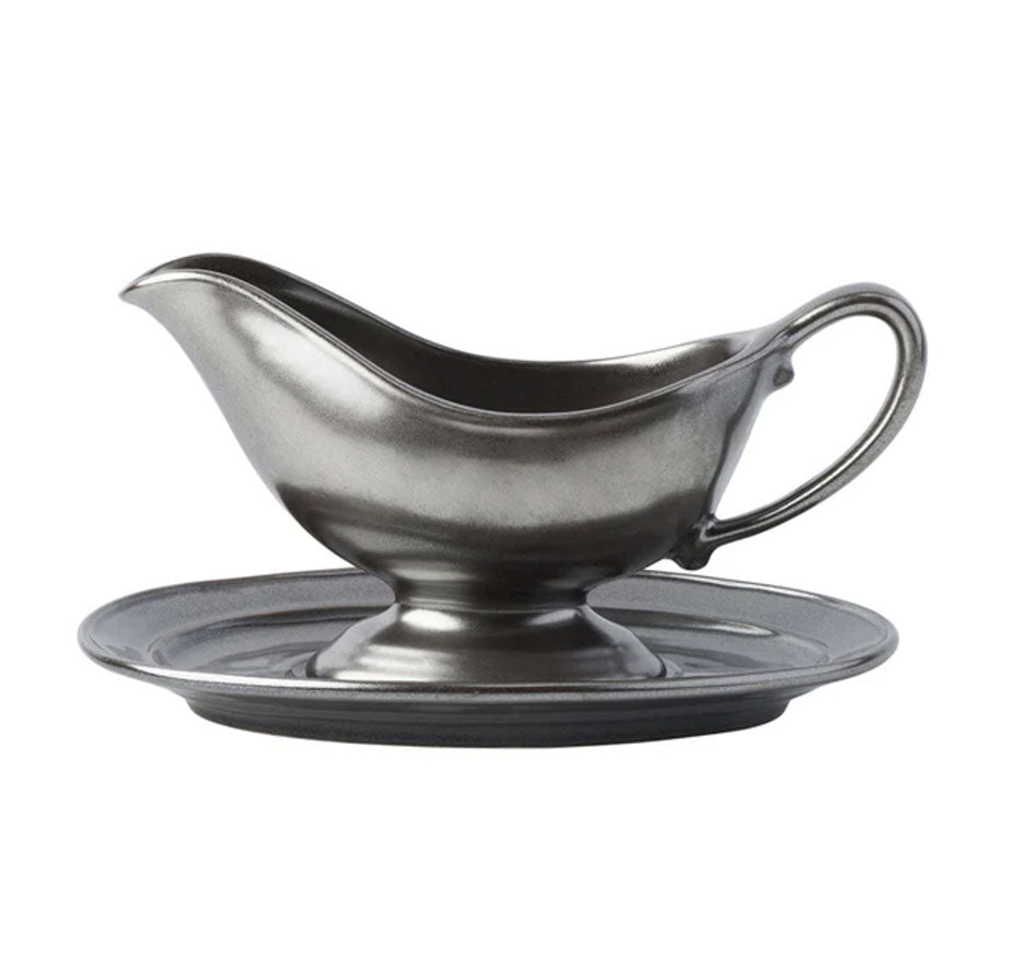 Pewter Stoneware Sauce Boat and Stand