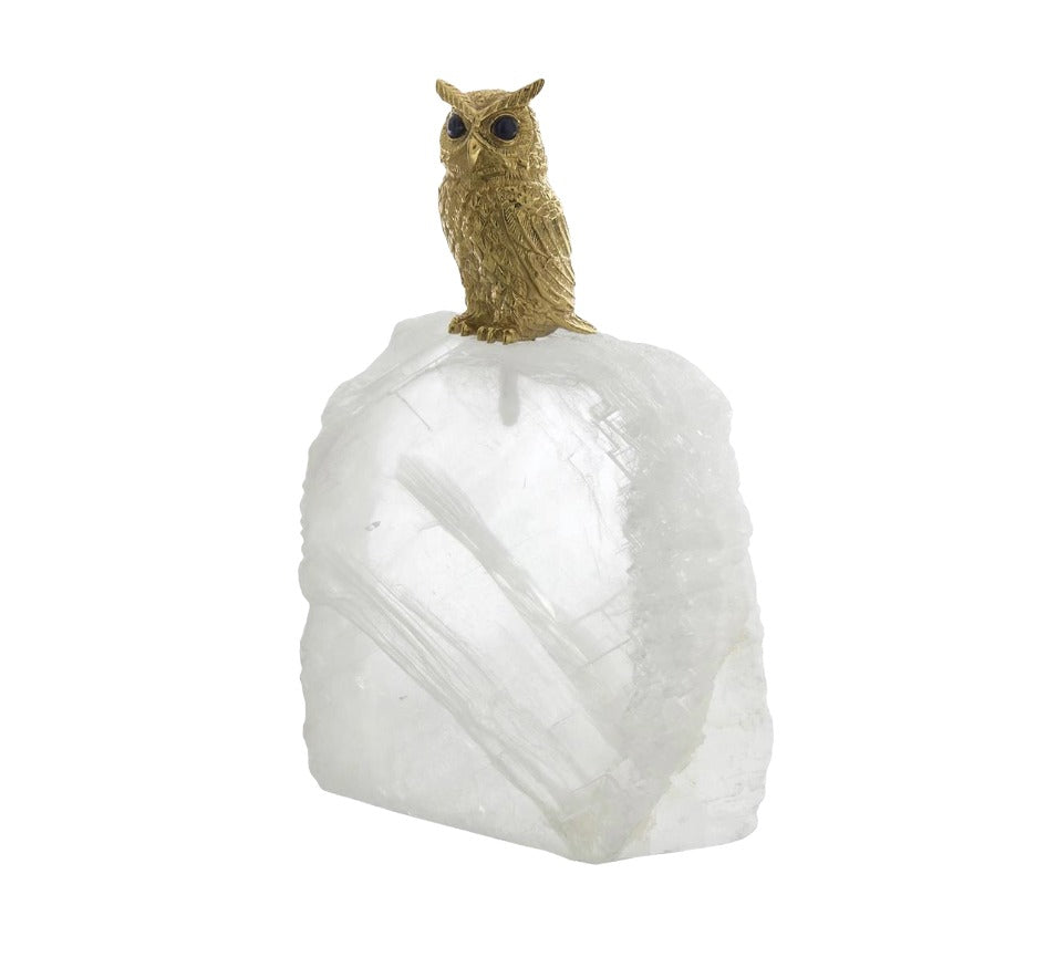 Perched Brass Owl Sculpture on Selenite