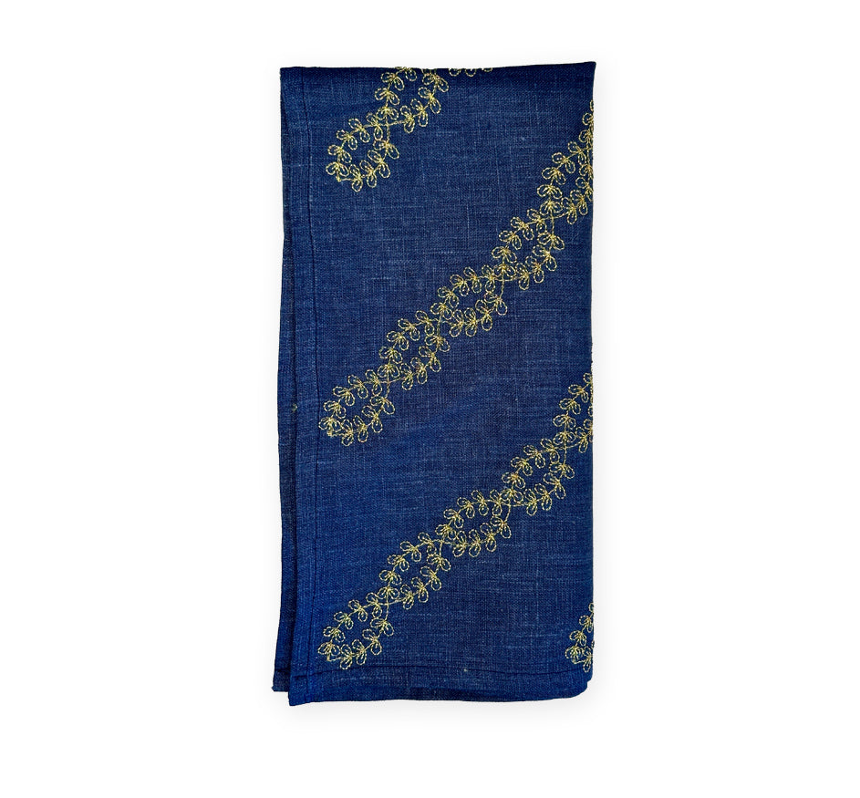 Metallic Vines Embroidered Napkin in Navy