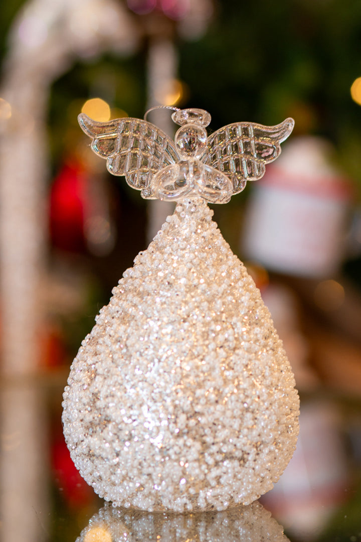 7" Gold Glittered & White Seed Bead Angel LED Ornament