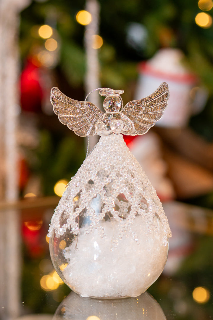 6.25" Clear Glass Lattice Bead Angel LED Ornament