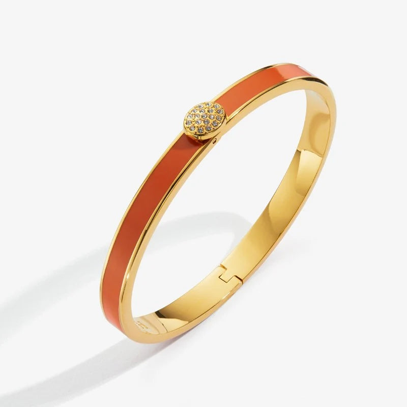 Thin Pave Button Enamel & 18 ct Gold Bangle