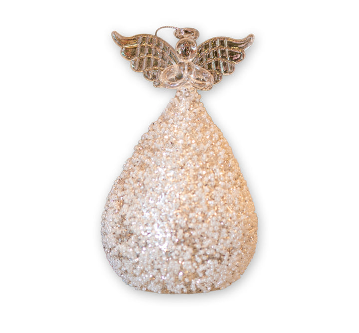 7" Gold Glittered & White Seed Bead Angel LED Ornament