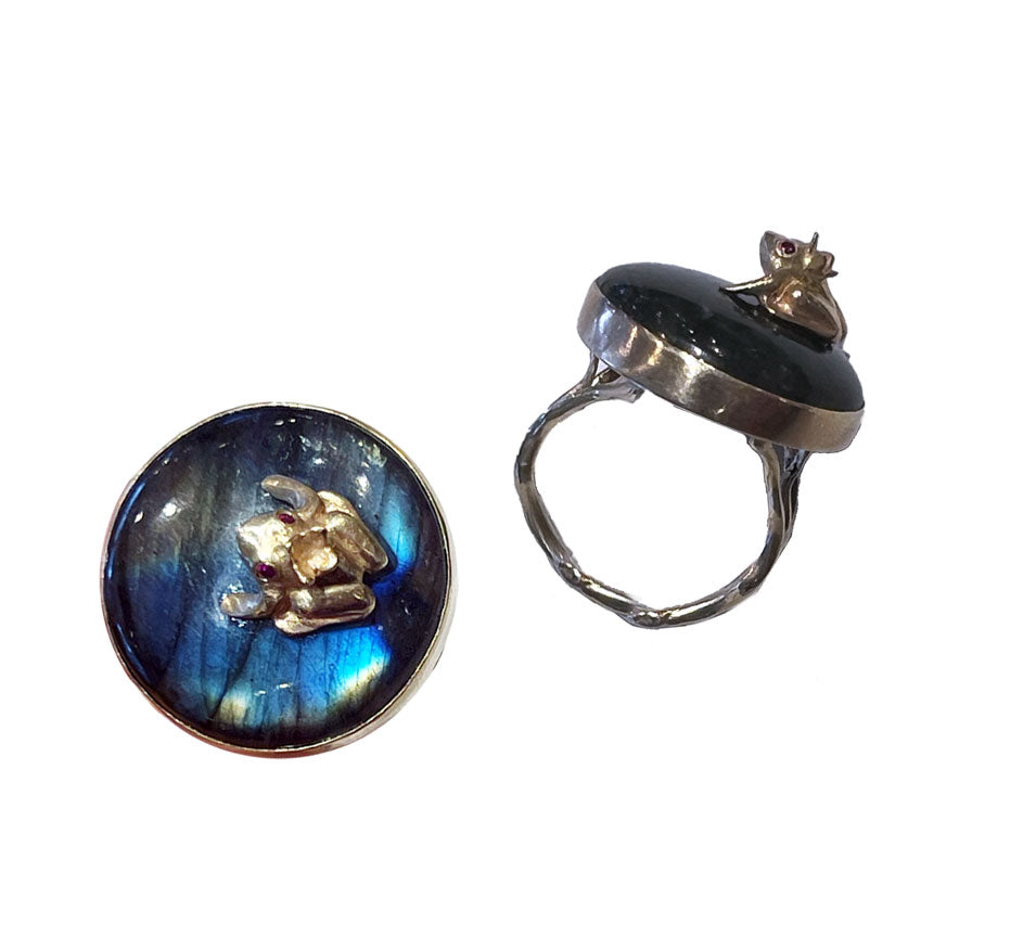 Gold Rainbow Moonstone Frog Prince w/ Ruby Eyes
