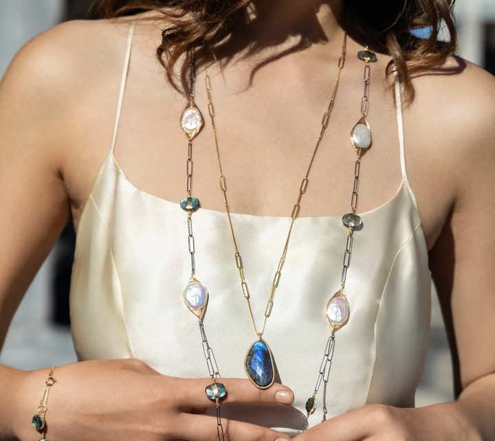 Wired Pearl Labradorite Paperclip Necklace