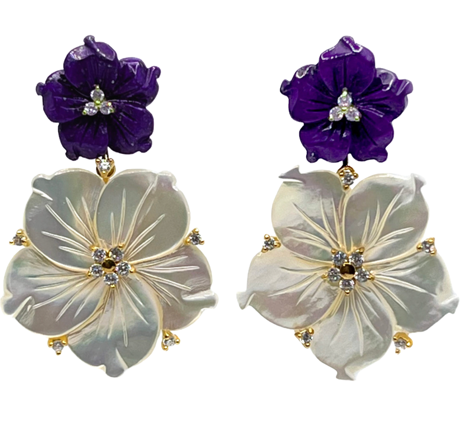 Double Carved Lapis and Mother of Pearl Flower Drop Earrings