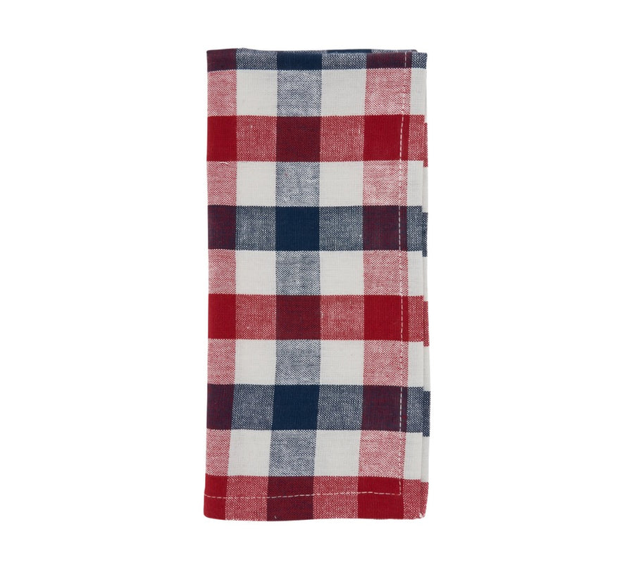 Red, white, and blue gingham checkered napkin on a white background
