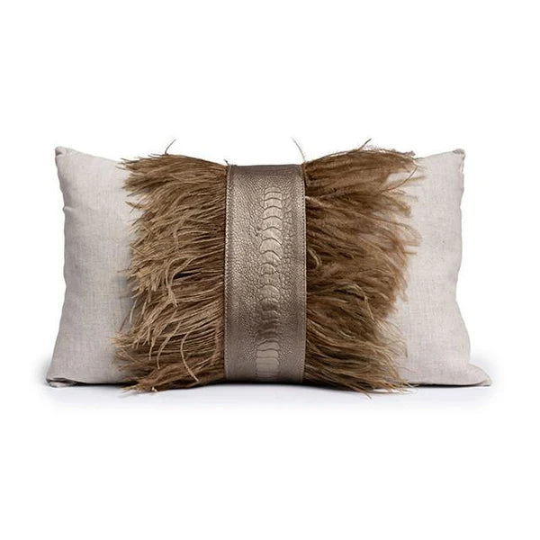 Ostrich Shin Leather, Feather Trim, Linen Pillow Collection