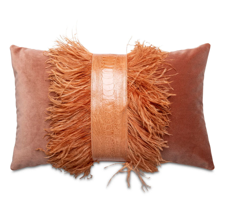 Ostrich Feather Trim Velvet Pillow (Available in 4 Colors)