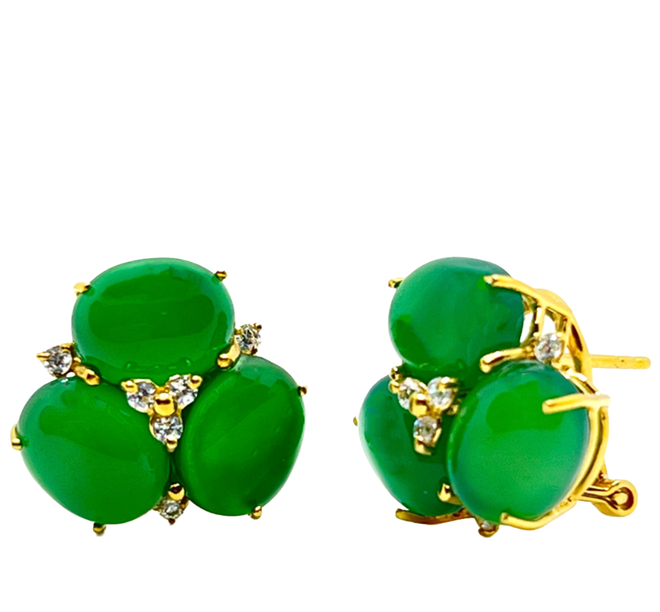 Small Triple Oval Green Agate Earrings old Plate
