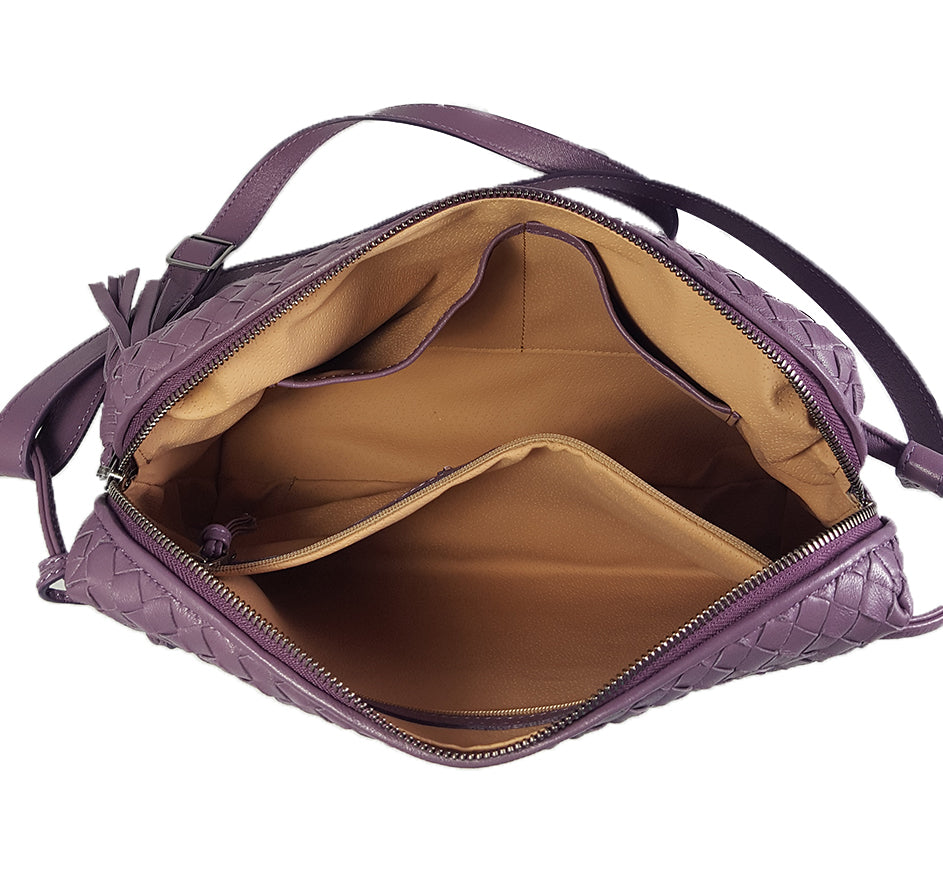 Woven Leather Medium Crossbody Bag in Lilac