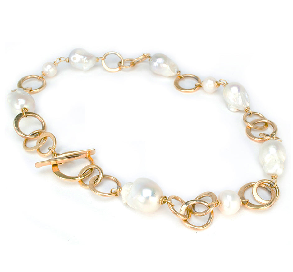 Bronze Circle Link and Baroque Pearl Necklace
