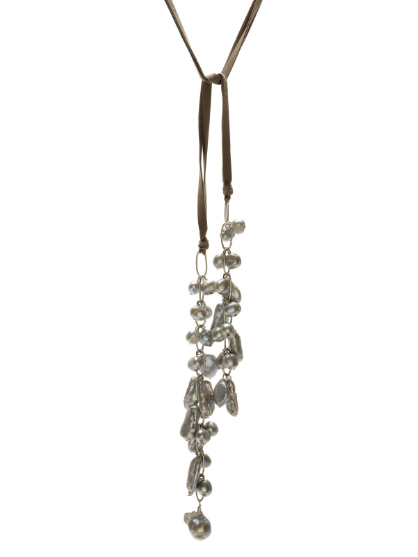 Suede And Grey Pearl Lariat Necklace