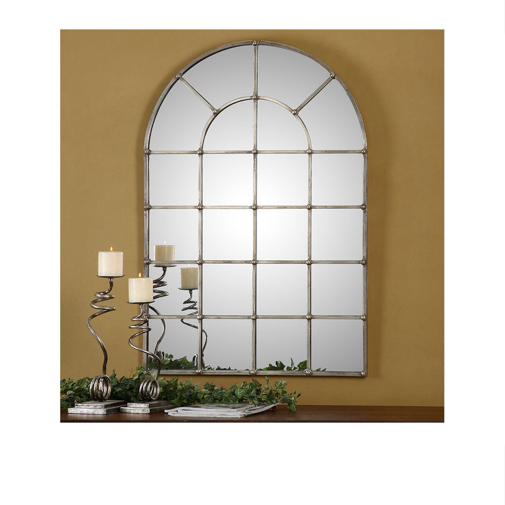 Arch Window Pane Mirror In Oxidized Silver 30x44