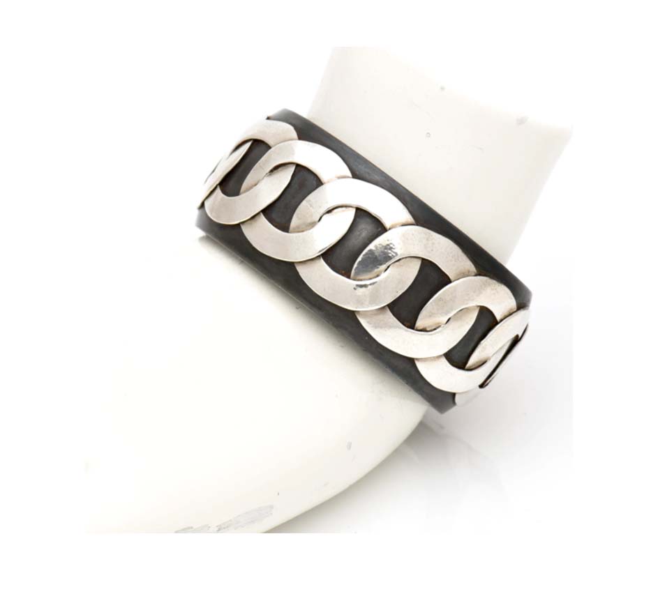 Black Steel Cuff With Silver Link Design