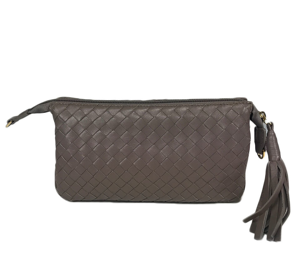 Three Part Taupe Woven Leather Purse