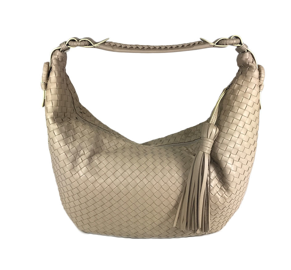 Braided Beige Woven Leather Hobo Bag