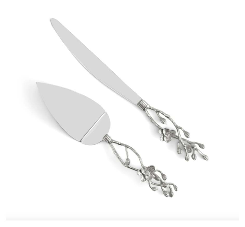 White Orchid Wedding Cake Knife & Server Set