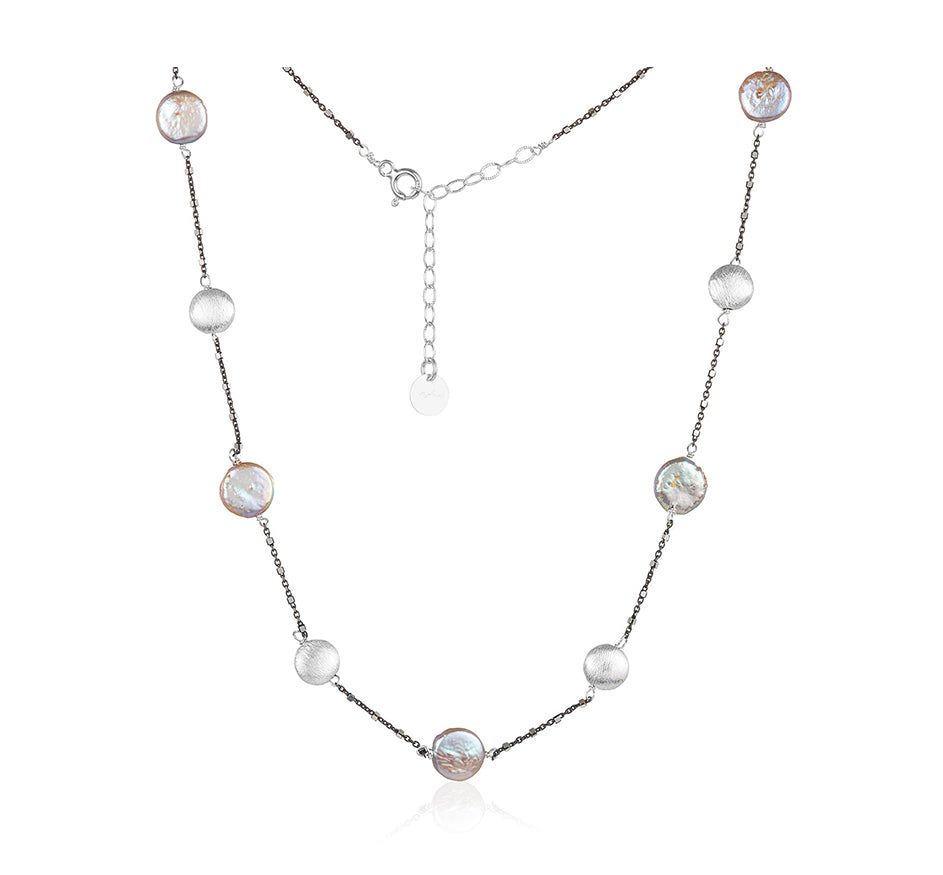 Coin Pearl strung in Silver Necklace