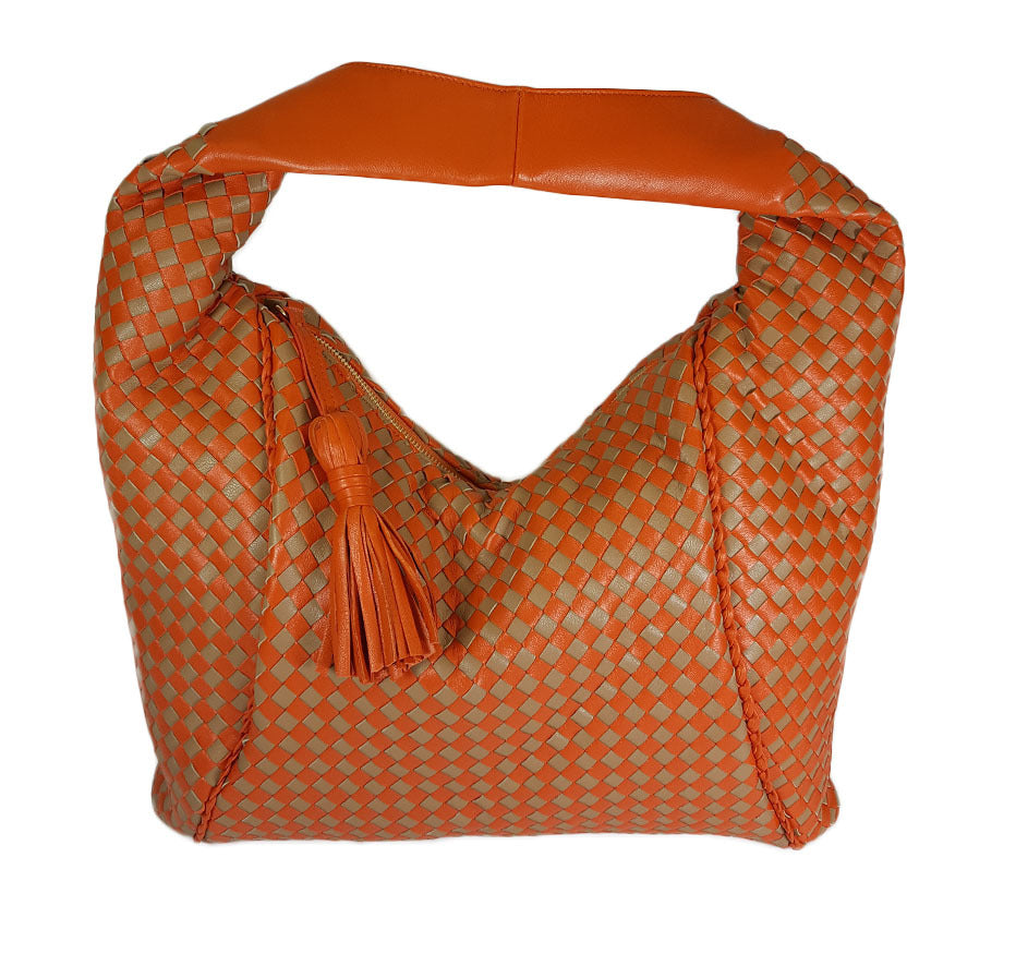 Orange & Taupe Woven Leather Hobo