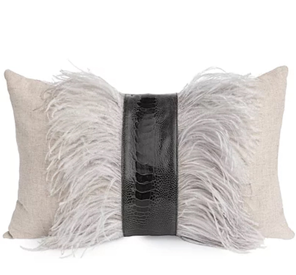 Ostrich Shin Leather, Feather Trim, Linen Pillow Collection