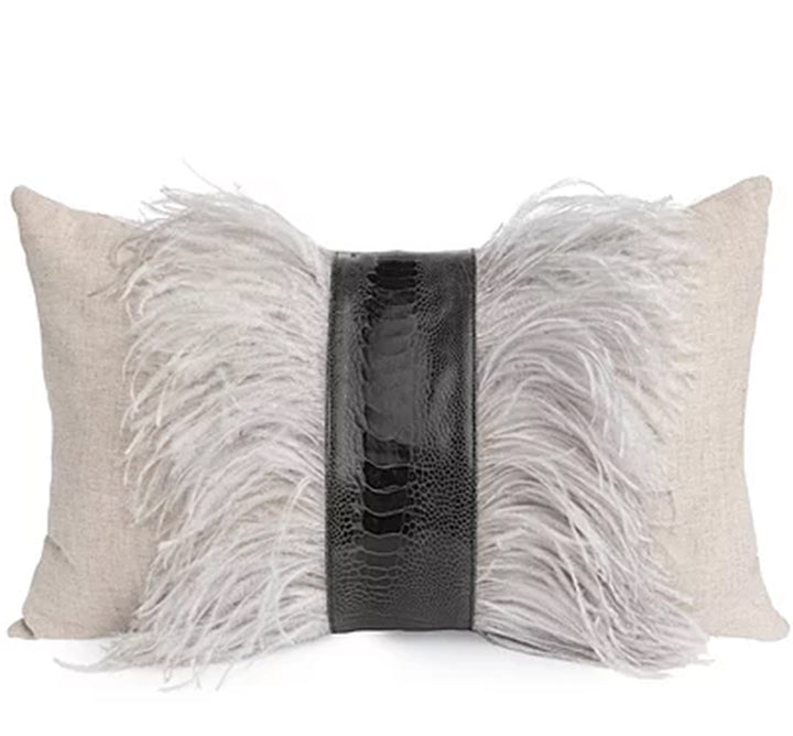 Ostrich Shin Leather, Feather Trim, Linen Pillow Collection