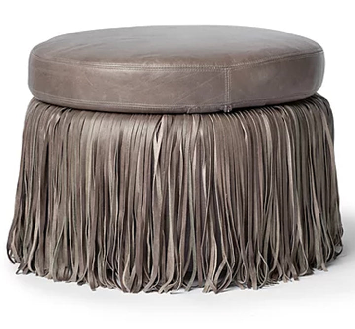 Round Fringed Leather Ottoman